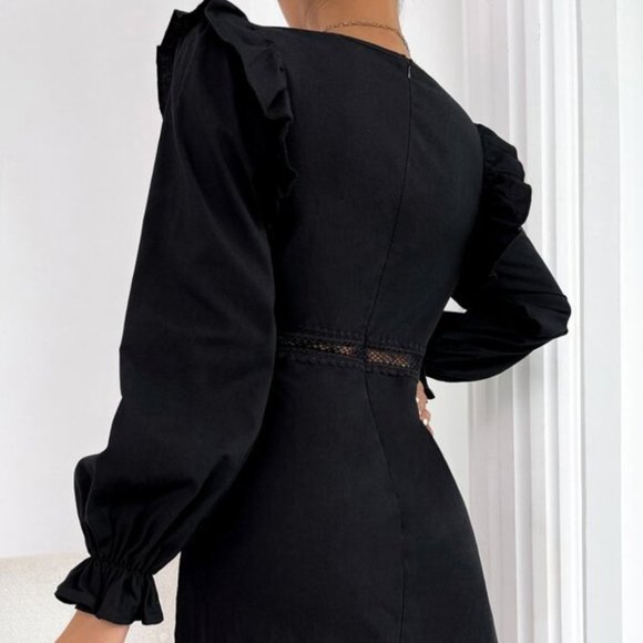 Black Plunging Neckline Lace Ruffle Sleeve Mini Dress - Picture 11 of 13